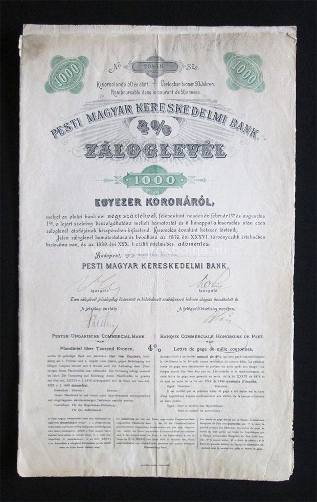 Pesti Magyar Kereskedelmi Bank záloglevél 1000 korona 1903